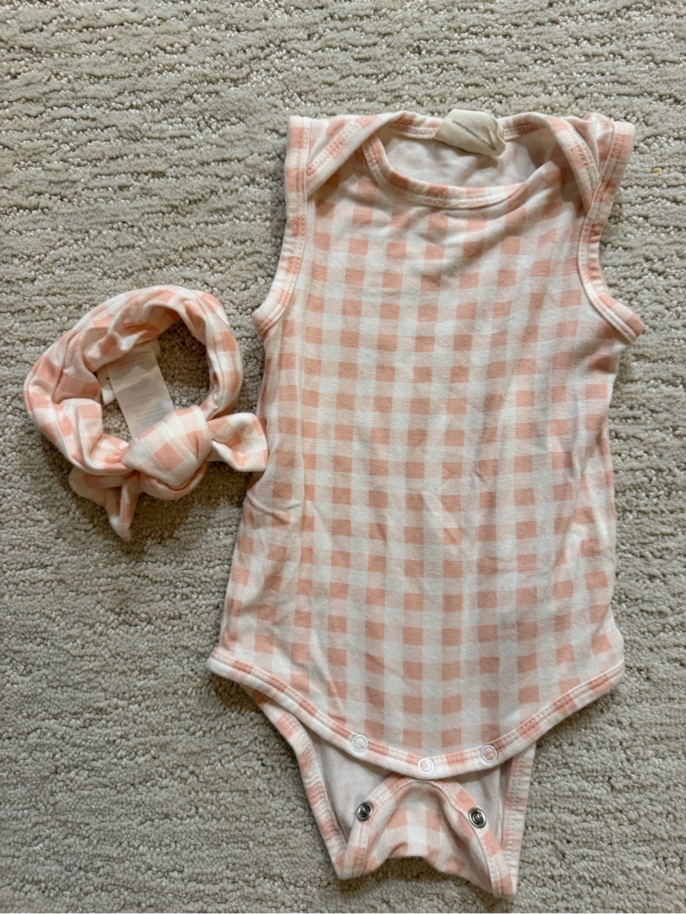 SpearmintLOVE Pink Gingham Romper + Headband 3–6M
